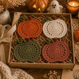 May include: A set of four crochet pumpkin coasters in a cardboard box. The coasters are in shades of orange, cream, green, and rust. The box is filled with brown paper and is surrounded by fall-themed decorations, including pumpkins and candles.
