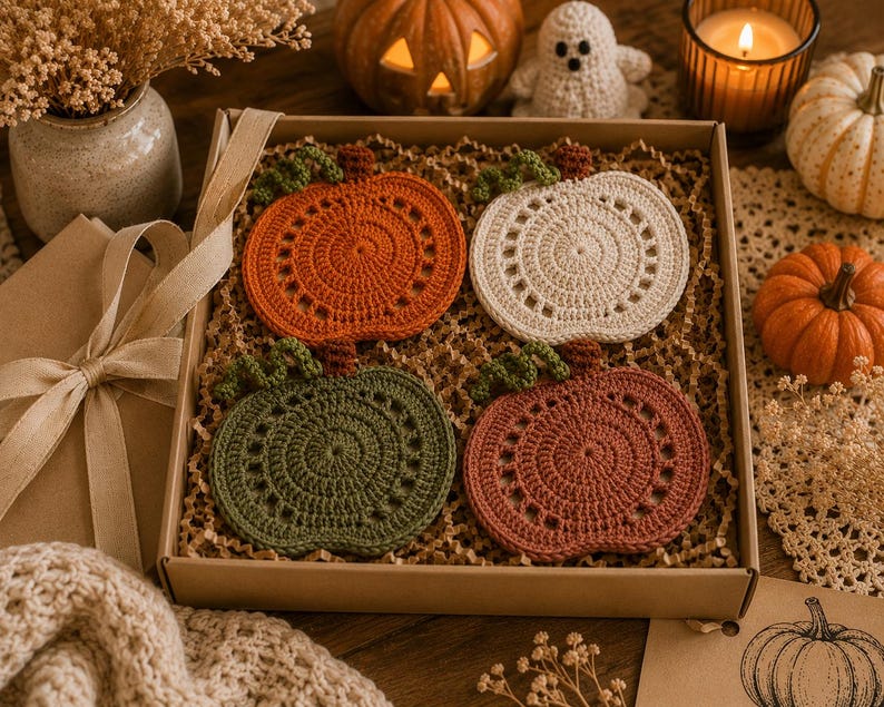 May include: A set of four crochet pumpkin coasters in a cardboard box. The coasters are in shades of orange, cream, green, and rust. The box is filled with brown paper and is surrounded by fall-themed decorations, including pumpkins and candles.