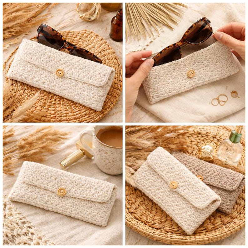 May include: A cream-colored, crocheted sunglasses case with a wooden button closure. The case is rectangular with a flap and is shown with a pair of tortoiseshell sunglasses. The case is displayed on a woven mat.