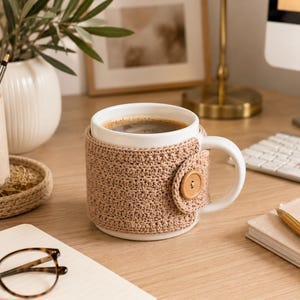 May include: A white ceramic mug filled with dark coffee, featuring a removable beige crocheted cozy. The cozy is crafted with a textured stitch pattern and is secured on the side with a single round, light brown wooden button.