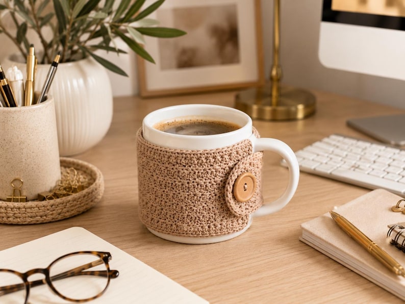 May include: A white ceramic mug filled with dark coffee, featuring a removable beige crocheted cozy. The cozy is crafted with a textured stitch pattern and is secured on the side with a single round, light brown wooden button.