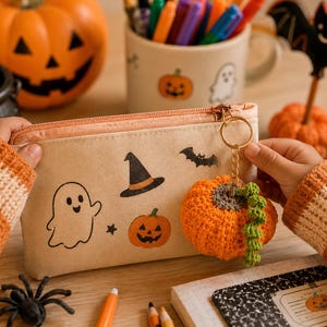 Puede incluir: Un estuche beige con ilustraciones tem&aacute;ticas de Halloween, que incluyen un fantasma, un sombrero de bruja, una calabaza y un murci&eacute;lago. Un llavero de calabaza naranja tejido cuelga de la cremallera. Otras decoraciones de Halloween incluyen una calabaza tallada.