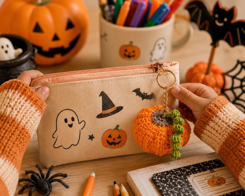 Puede incluir: Un estuche beige con ilustraciones tem&aacute;ticas de Halloween, que incluyen un fantasma, un sombrero de bruja, una calabaza y un murci&eacute;lago. Un llavero de calabaza naranja tejido cuelga de la cremallera. Otras decoraciones de Halloween incluyen una calabaza tallada.