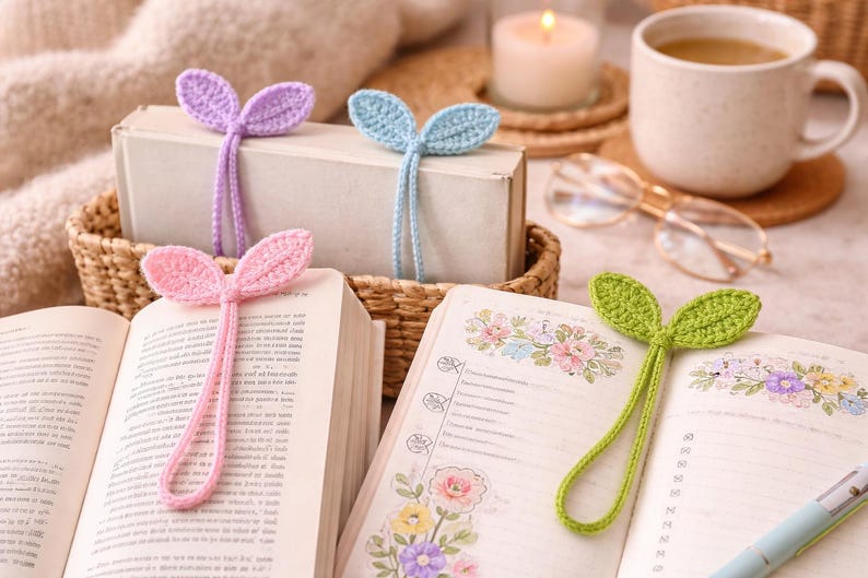 May include: A cozy scene featuring handmade crochet leaf bookmarks in pink, purple, blue, and green. The bookmarks are placed in open books with floral illustrations. A candle, coffee cup, and glasses are also in the frame.