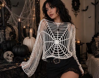 Patrón PDF para top de ganchillo con diseño de telaraña, top de ganchillo de malla para Halloween, suéter gótico con diseño de telaraña, top de ganchillo para festivales, camisa con mangas de malla, idea de regalo DIY para otoño