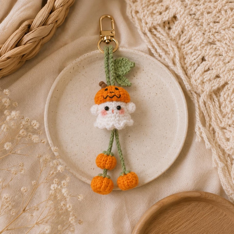 May include: A handmade Halloween-themed keychain featuring a crocheted ghost wearing a pumpkin hat. The ghost has rosy cheeks and is attached to a gold-colored clasp. Two orange crocheted pumpkins dangle below the ghost. The keychain is approximately 4 inches long.