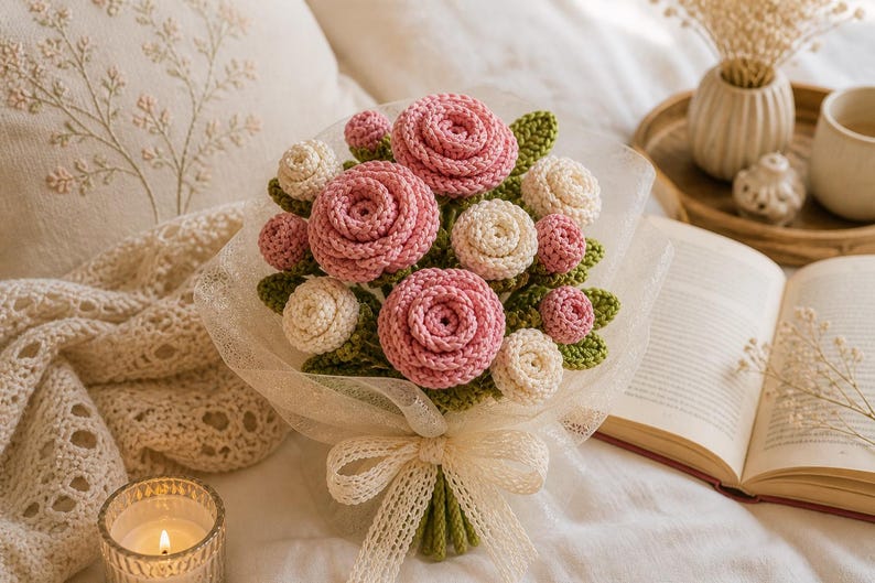 May include: A handcrafted bouquet of crochet flowers, featuring pink and cream-colored roses with green leaves. The bouquet is wrapped in a sheer, cream-colored fabric and tied with a matching bow. The flowers are arranged to resemble a natural bouquet.