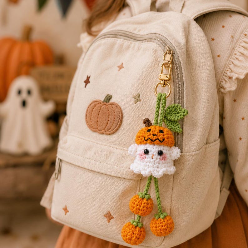 May include: A beige backpack with a pumpkin patch and star accents. A handmade crochet keychain featuring a ghost wearing a pumpkin hat and dangling orange pumpkins hangs from the zipper. The keychain is a festive Halloween accessory.