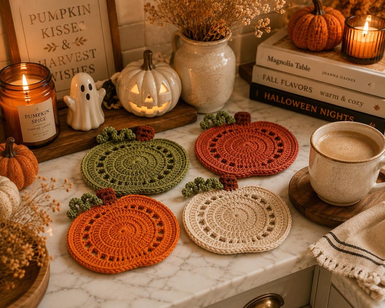 May include: A cozy autumn-themed display featuring four crocheted pumpkin coasters in orange, green, and cream. The scene includes lit candles, a pumpkin-shaped light, and a sign that reads "PUMPKIN KISSES & HARVEST WISHES."