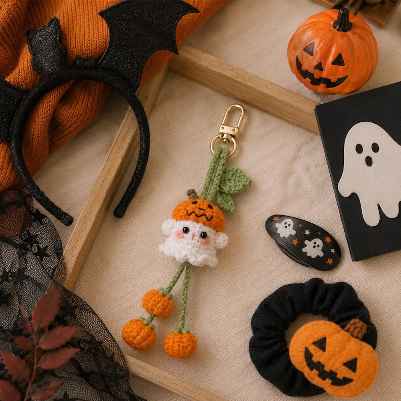 May include: A collection of Halloween-themed accessories, including a black bat-wing headband, a pumpkin-shaped keychain, a black hair clip with ghost and star designs, and a black scrunchie with a pumpkin. There is also a small decorative pumpkin.