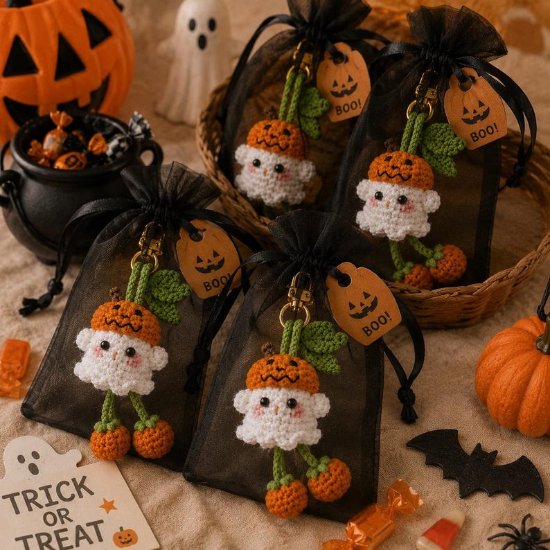 May include: Handmade Halloween-themed keychains featuring a crocheted ghost wearing a pumpkin hat. Each keychain is attached to a black mesh bag with a tag that says "BOO!". The keychains are orange, white, and green, perfect for Halloween.