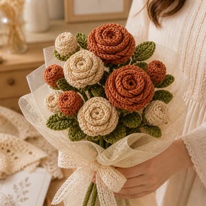 May include: A bouquet of crocheted roses in shades of beige and rust, with green leaves. The flowers are wrapped in a sheer, cream-colored fabric and tied with a matching ribbon. The bouquet is held in front of a soft, neutral background.