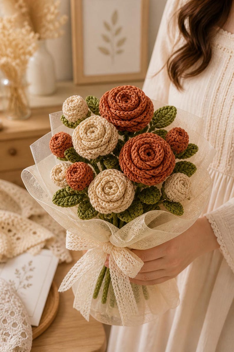 May include: A bouquet of crocheted roses in shades of beige and rust, with green leaves. The flowers are wrapped in a sheer, cream-colored fabric and tied with a matching ribbon. The bouquet is held in front of a soft, neutral background.