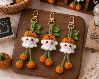 Patrón de ganchillo en PDF para llavero de calabaza fantasma, llavero de ganchillo de Halloween, lindo patrón de amigurumi de fantasma, colgante de calabaza para bolso, manualidades kawaii espeluznantes