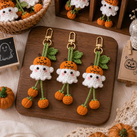 Ghost Pumpkin Keychain Crochet Pattern PDF, Halloween Crochet Keychain, Cute Ghost Amigurumi Pattern, Pumpkin Bag Charm, Spooky Kawaii DIY
