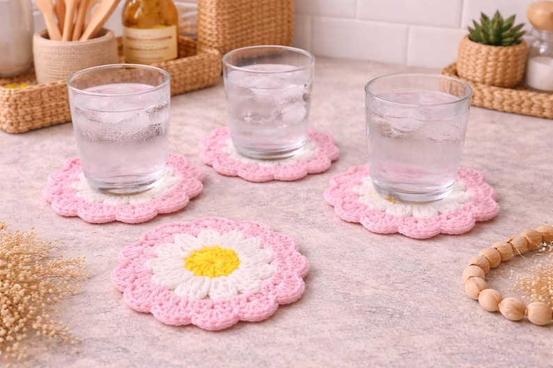 Crochet Daisy Coaster Pattern, Flower Coaster Set PDF, Cute Floral Table Decor DIY, Beginner Friendly Crochet Pattern image 3
