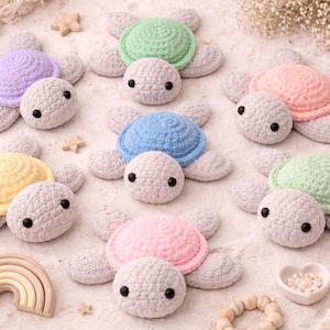 May include: A collection of handmade crochet turtle toys in various pastel colors, including purple, green, pink, blue, and yellow. Each turtle has a textured shell and a soft, rounded body with black eyes. The toys are arranged on a soft, textured surface.