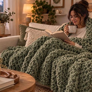 Peut inclure: Un plaid en grosse maille vert sauge avec un motif de boucles épaisses et texturées. La couverture est drapée sur un canapé, recouvrant les genoux et les épaules, offrant une couche épaisse avec une construction en fil surdimensionnée.