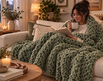 May include: A sage green chunky knit throw blanket with a thick, textured loop pattern. The blanket is draped over a sofa, covering the lap and shoulders, providing a heavy, cozy layer with a prominent, oversized yarn construction throughout.