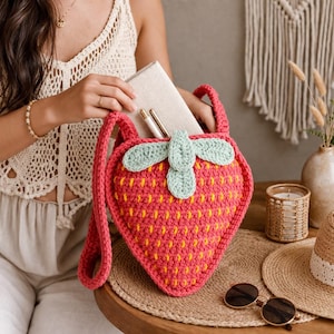 Patrón de bolso de fresa a crochet, lindo bolso de frutas a crochet en PDF, bolso de hombro estético DIY, patrón de bolso kawaii a crochet, accesorio llamativo