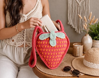 Crochet Strawberry Bag Pattern, Cute Fruit Purse Crochet PDF, Aesthetic Shoulder Bag DIY, Kawaii Crochet Bag Pattern, Statement Accessory