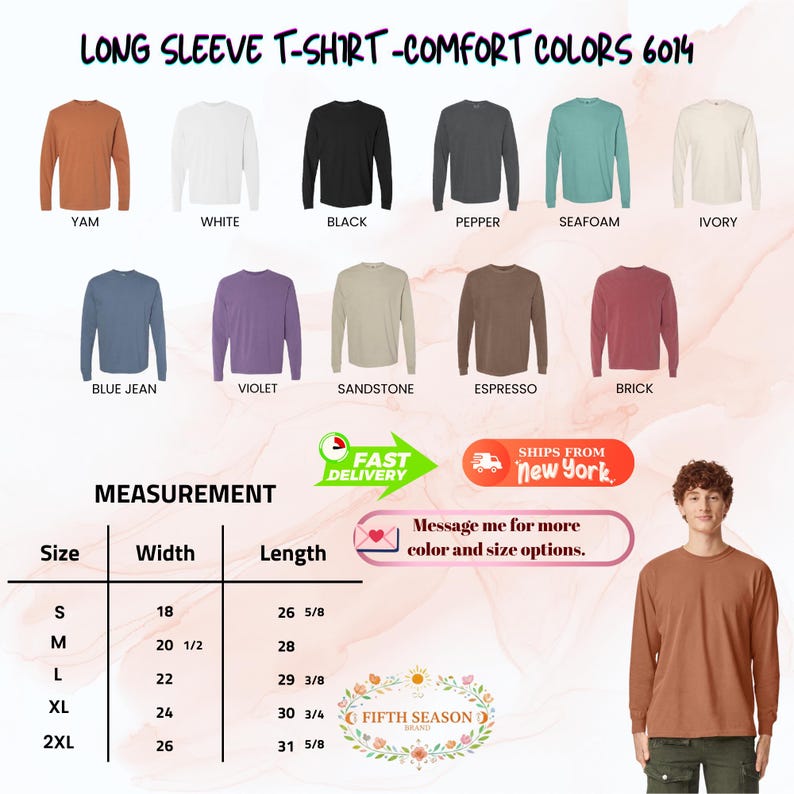 Op de afbeelding: Een display van lange mouwen T-shirts in verschillende kleuren, waaronder Yam, Wit, Zwart, Peper, Zeegroen, Ivoor, Blue Jean, Violet, Zandsteen, Espresso en Baksteen. De afbeelding bevat een maattabel en de tekst "LONG SLEEVE T-SHIRT - COMFORT COLORS 6014."