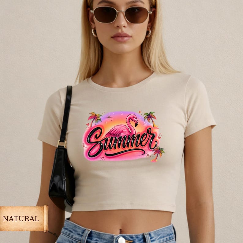 Summer Baby Tee Flamingo Shirt, Airbrush Look Coastal Aesthetic T-Shirt, Tropical Graphic Top, Y2K Aesthetic Crop Tee, Beach Vacation Outfit Bild 3