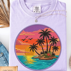 Comfort Colors Sunset Beach Shirt, Tropical Palm Tree Shirt, Faux Embroidery Summer Vacation Tee, Ocean Sunset Shirt Coastal Aesthetic Shirt image 1