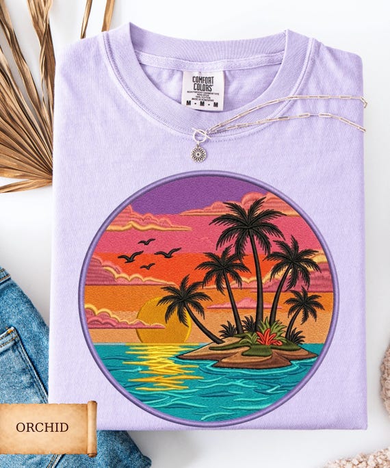 Comfort Colors Sunset Beach Shirt, Tropical Palm Tree Shirt, Faux Embroidery Summer Vacation Tee, Ocean Sunset Shirt Coastal Aesthetic Shirt