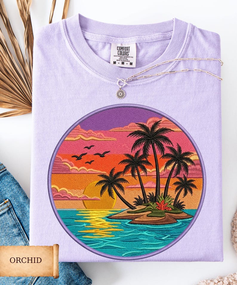 Comfort Colors Sunset Beach Shirt, Tropical Palm Tree Shirt, Faux Embroidery Summer Vacation Tee, Ocean Sunset Shirt Coastal Aesthetic Shirt image 1