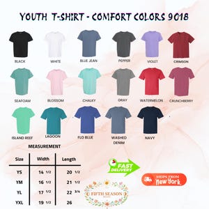 May include: A display of youth t-shirts in various colors, including black, white, blue jean, and violet. The image includes a size chart with measurements in inches and the text "YOUTH T-SHIRT - COMFORT COLORS 9018."