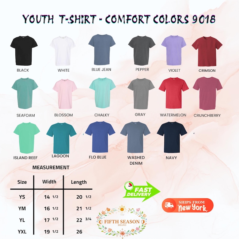 May include: A display of youth t-shirts in various colors, including black, white, blue jean, and violet. The image includes a size chart with measurements in inches and the text "YOUTH T-SHIRT - COMFORT COLORS 9018."