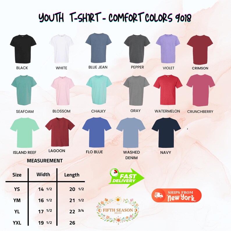 Op de afbeelding: Een display van jeugd-T-shirts in verschillende kleuren, waaronder zwart, wit en blauwe spijkerbroek. De afbeelding bevat een maattabel met afmetingen in inches en de tekst "YOUTH T-SHIRT - COMFORT COLORS 9018."