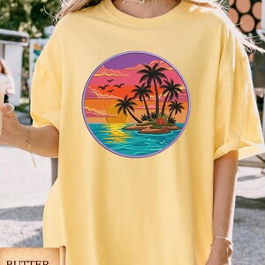 Comfort Colors Sunset Beach Shirt, Tropical Palm Tree Shirt, Faux Embroidery Summer Vacation Tee, Ocean Sunset Shirt Coastal Aesthetic Shirt image 2