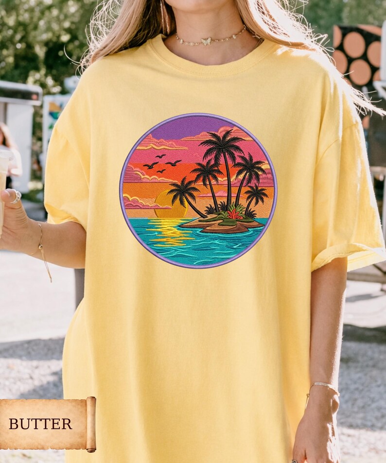 Comfort Colors Sunset Beach Shirt, Tropical Palm Tree Shirt, Faux Embroidery Summer Vacation Tee, Ocean Sunset Shirt Coastal Aesthetic Shirt image 2