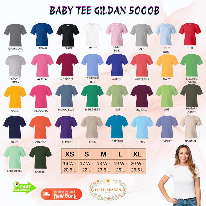 K&ouml;nnte beinhalten: Eine Auswahl an Gildan 5000B Baby-T-Shirts in verschiedenen Farben, darunter Rot, Blau und Gr&uuml;n. Gr&ouml;&szlig;en von XS bis XL sind verf&uuml;gbar, mit Ma&szlig;en in cm. Der Text "BABY TEE GILDAN 5000B" ist ebenfalls enthalten.