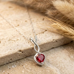 Ruby Heart shape Pended Birthstone Pendant, Sterling Silver Rectangle Gemstone Jewelry, Romantic Anniversary Gift, Elegant Red Stone