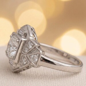 Art Deco Shield Engagement Ring, Hexagon Geometric Ring, Solid White Gold Vintage Wedding Ring, Round Brilliant & Baguette Moissanite Ring image 3