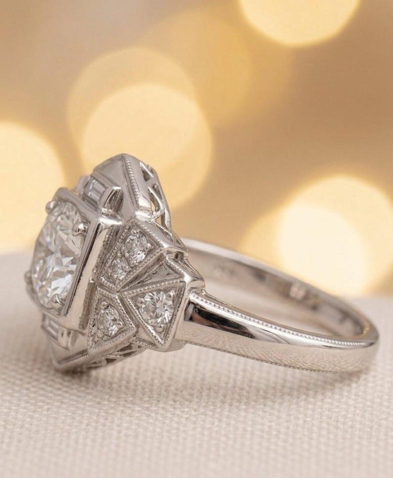 Art Deco Shield Engagement Ring, Hexagon Geometric Ring, Solid White Gold Vintage Wedding Ring, Round Brilliant & Baguette Moissanite Ring image 3