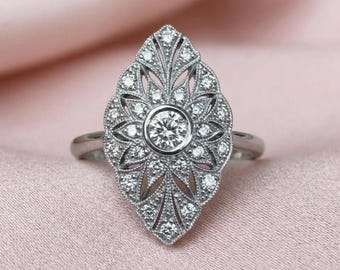 Vintage Art Deco Engagement Ring, 14K White Gold Moissanite Ring for Women,  Unique Anniversary Gift, Antique Filigree Floral Wedding Ring
