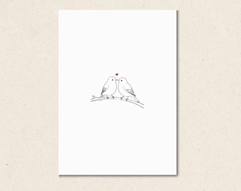 Tarjeta de felicitación con pájaros enamorados, romántica, para aniversario o San Valentín (descarga digital)