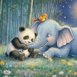 May include: A children's book illustration depicts a panda bear and a blue elephant cuddling in a field of flowers under a full moon. A colorful bird perches on the elephant's head, with bamboo trees in the background.