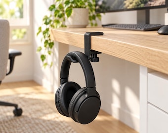 Black Headphone Holder for Desk, Clamp-On Headset Hook, 3D Printed Hanger