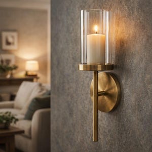 May include: A wall-mounted candle holder with a lit white candle inside a clear glass cylinder. The holder has a brass finish, with a round base and a slender stem. The candle flame glows brightly against the gray wall.