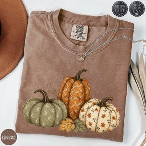 May include: An espresso-coloured t-shirt featuring a graphic of three pumpkins. The left pumpkin is sage green with crescent moon patterns, the centre is orange with a woven texture, and the right is cream with small orange leaf motifs.
