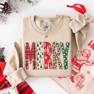 Merry Christmas Faux Patchwork Sweatshirt, Vintage Christmas Crewneck, Leopard Plaid Holiday Sweater, Retro Merry Christmas Pullover