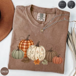 Peut inclure: Un t-shirt marron à manches courtes avec une impression graphique de cinq citrouilles aux motifs et couleurs variés, incluant des textures à carreaux, florales et unies. Le t-shirt présente un col rond et une étiquette Comfort Colors.