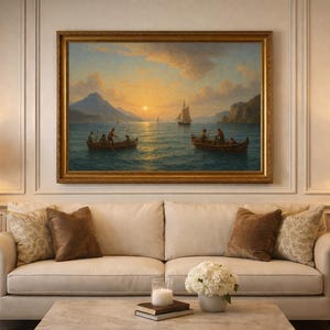 May include: A framed oil painting depicting a seascape with boats and figures, set against a sunset. The painting hangs above a cream-colored sofa with decorative pillows. Two lamps flank the sofa, illuminating the room.