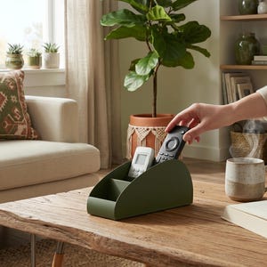 May include: An olive green remote control organizer with two compartments, holding two remotes. The organizer sits on a rustic wooden coffee table. A hand is reaching for a remote. A mug of coffee and a book are also on the table.