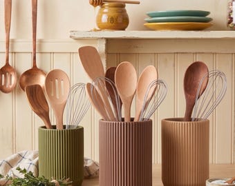 Ribbed Utensil Holder | Modern Fluted Kitchen Organizer, Boho Neutral Storage Crock